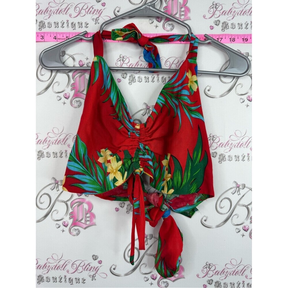 Hibiscus collection Hawaii tank top Red Tropical Tie-Front Halter Crop Top